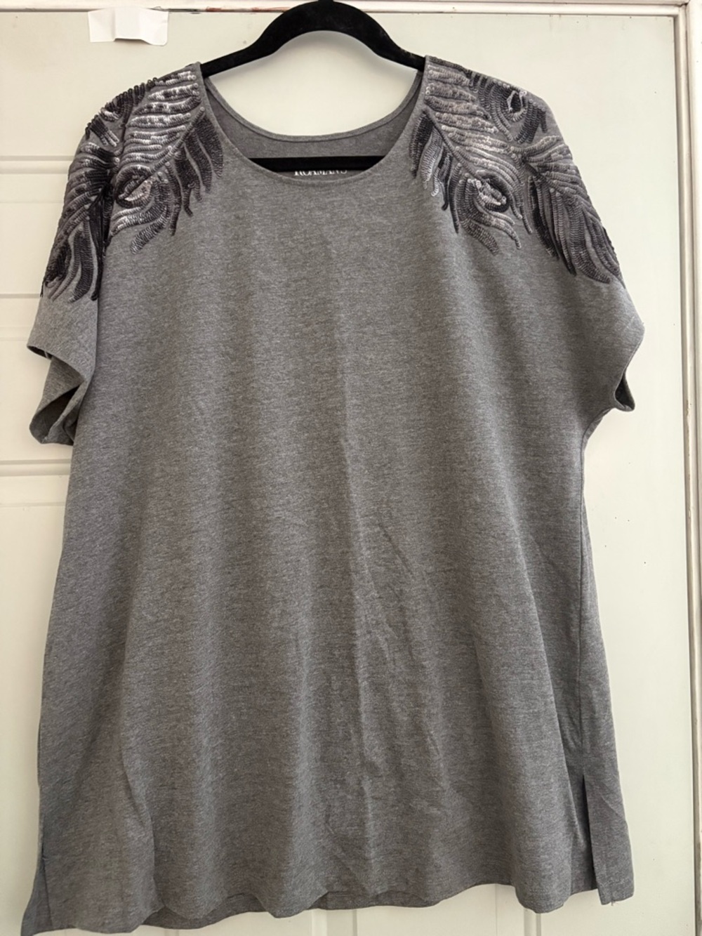 Roaman's Gray Short Sleeve Top with Sequin Feather Shoulders